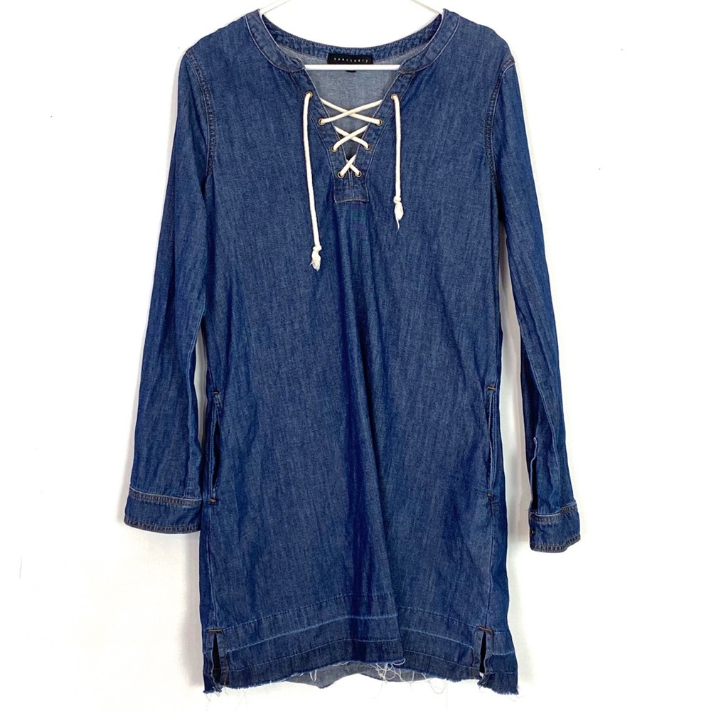Sanctuary Long Sleeve Raw Hem Chambray Blue Lace Up Dress Size Medium Womens